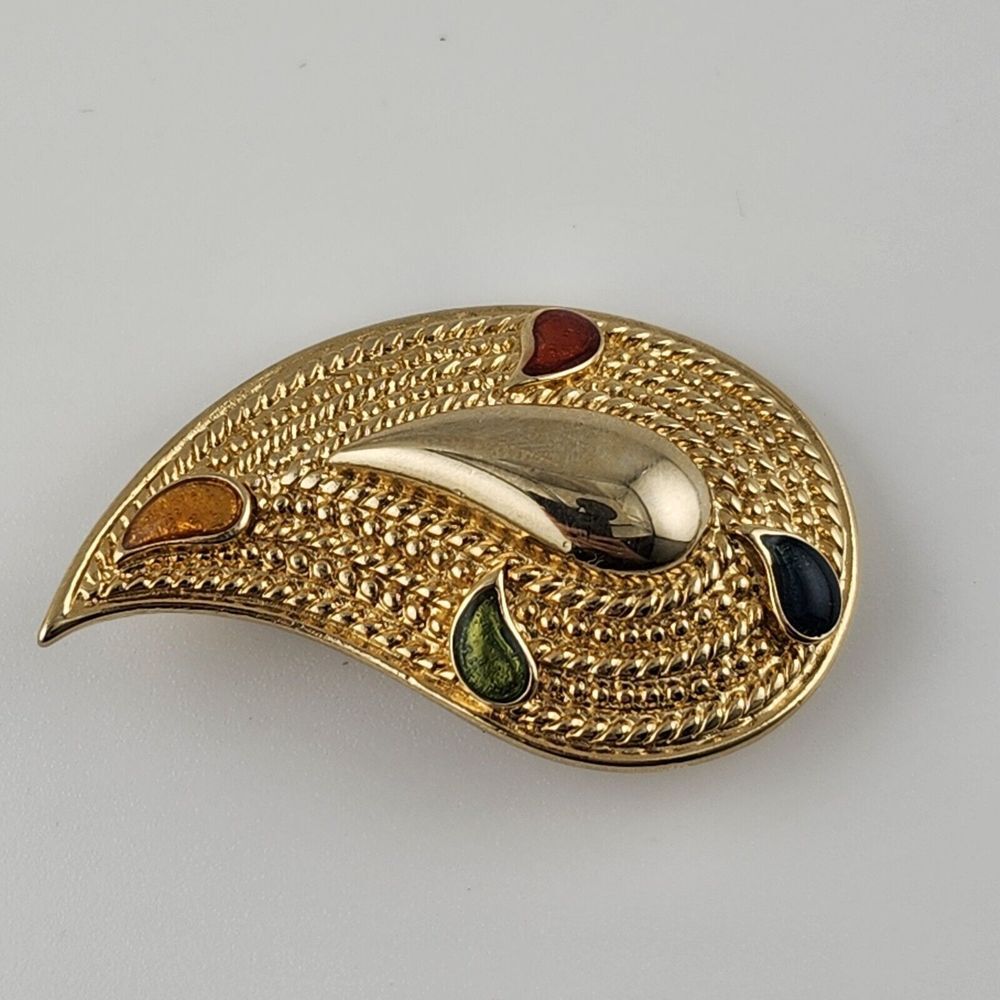AVON 1980's Gold Tone Paisley Vintage Pin Brooch Multicolor Stone Accents